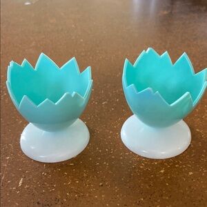 Vintage Mid-Century Aqua & White Plastic Egg Cups - Set of 2 Retro Kitchen